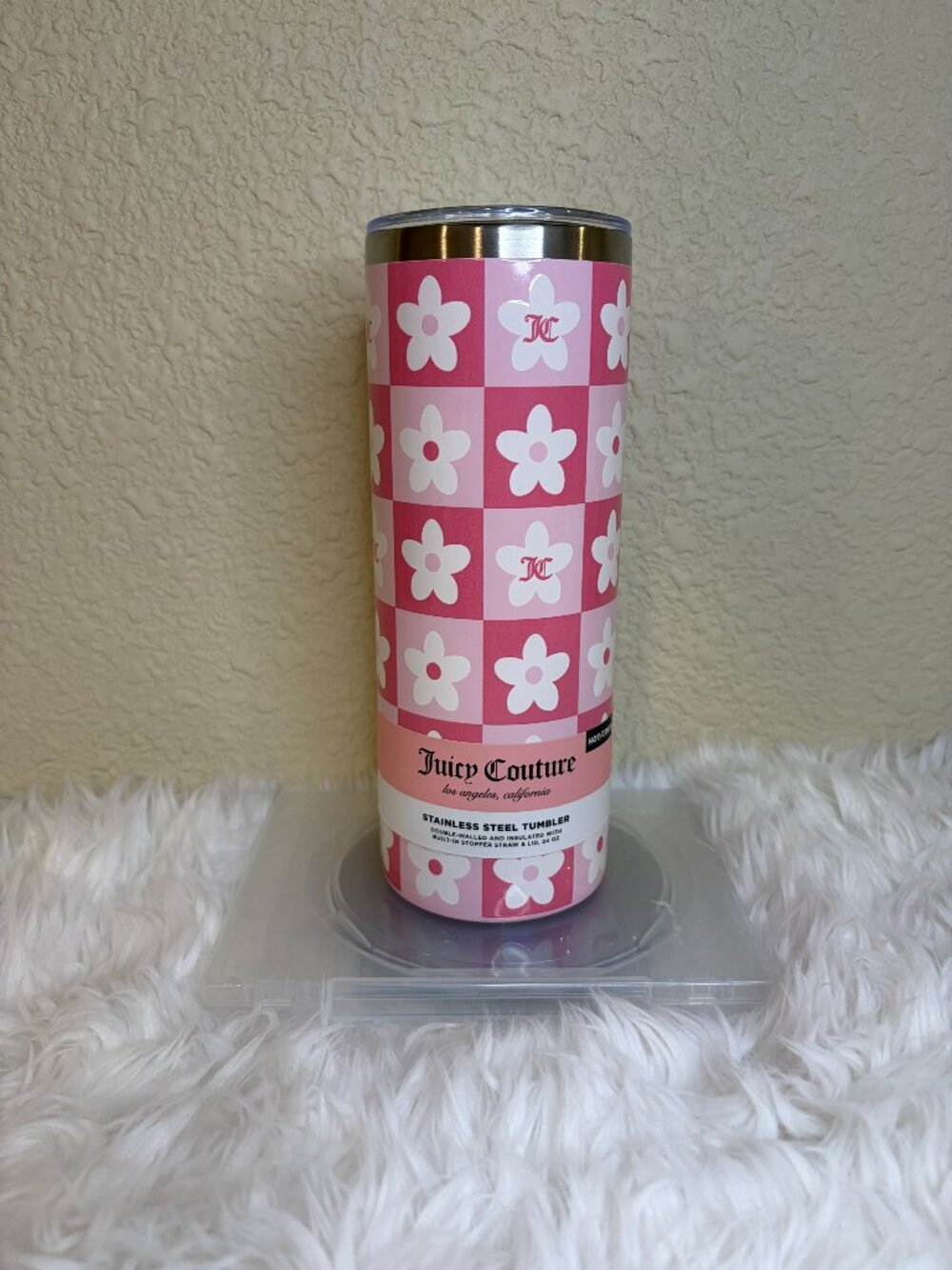 Juicy Couture Pink Daisy Checkerboard Stainless Steel Tumbler 24 oz NWT